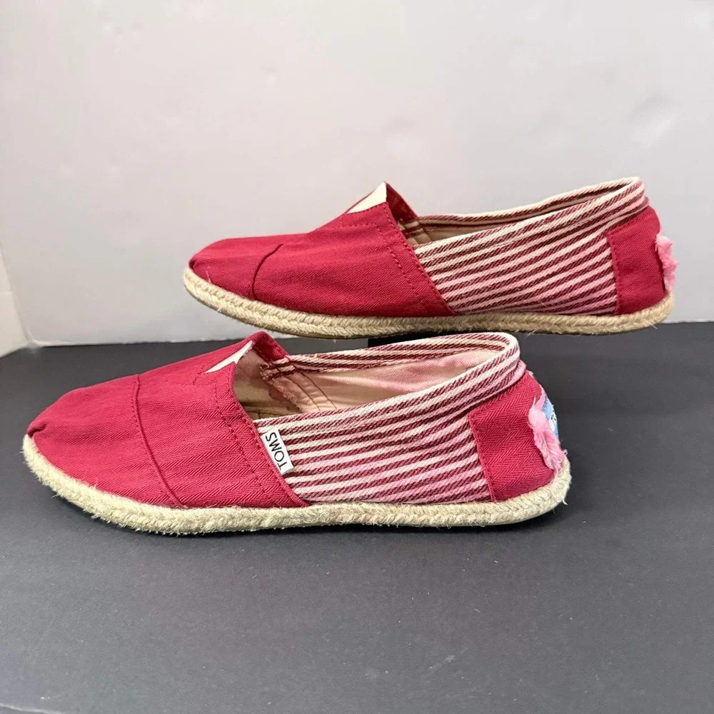 TOMS Red Herringbone Canvas Espadrille Alpargata Flats Striped Heel Womens 7.5
